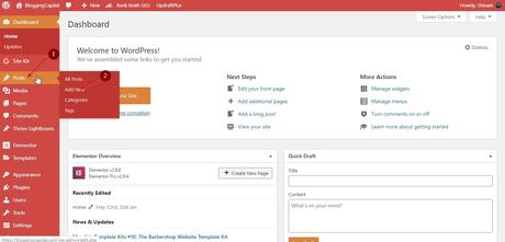 dashboard screenshot explaining how to publish first blog post on wordpress