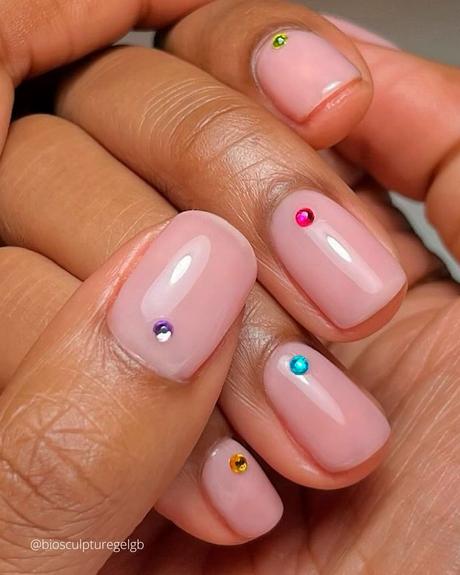spring wedding nails nude with colorful rhinestones biosculpturegelgb