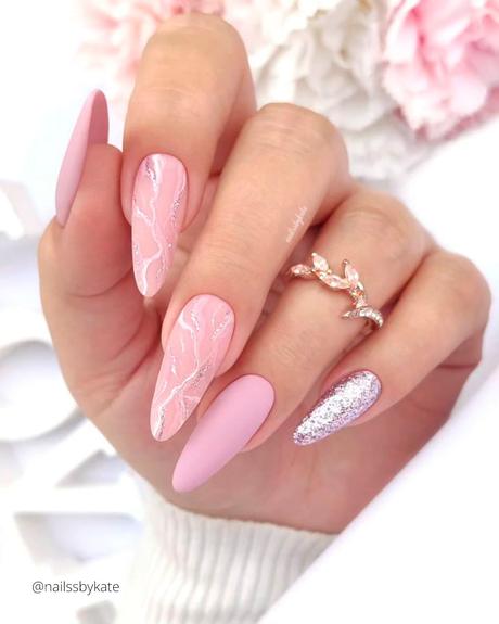 spring wedding nails long almond pink with marble nailssbykate