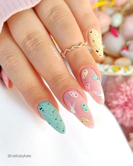 spring wedding nails with bunny patterns and eggs nailssbykate