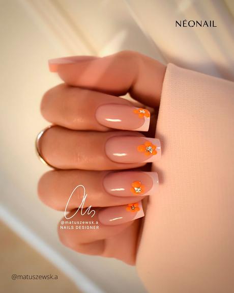 spring wedding nails french nails with orange flowers matuszewsk.a