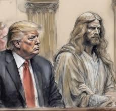 Trump's wild day in court gets wilder when sketch surfaces of him and Jesus sitting together in a courtroom. No wonder Trump gets favorable rulings