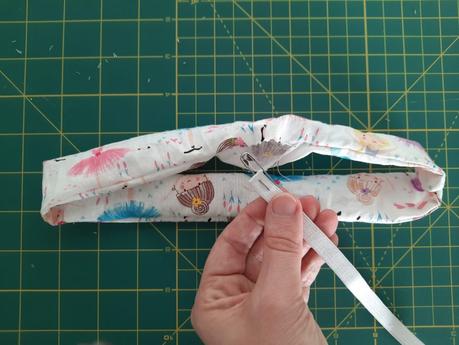 Sewing a scrunchie: use the opening at the bottom to insert elastic