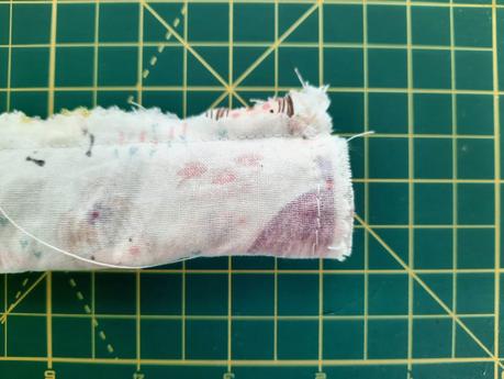 Sewing a scrunchie: stitch along the short sides, all the way around to close