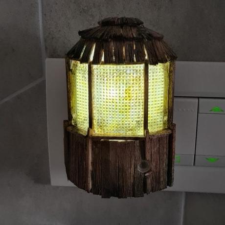 Night light decorated with wood to fake a window