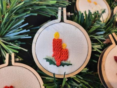 Embroidered Christmas ornaments: candles with holly leaves