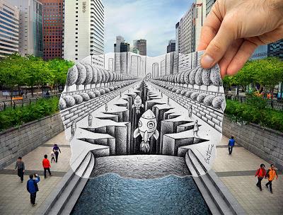 Space shuttles taking off from the heart of Seoul, South Korea - Pencil vs Camera by Ben Heine 