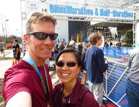 Mike Sohaskey & Katie Ho selfie at finish line of Mississippi Blues Marathon 2013