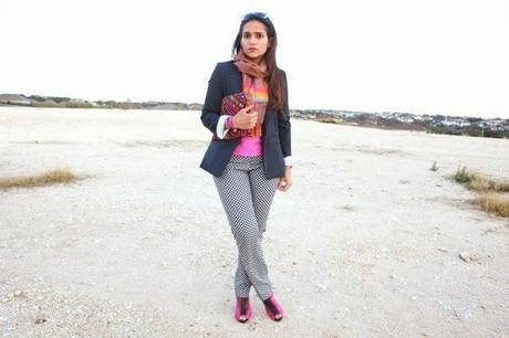 ASOS Blazer, Hot Pink Blouse, Gap Trousers, Silk Scarf, Tanvii.com