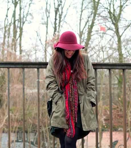 green parka, emerald green dress, animal print, oxblood hat, fashion blogger, inspiration, style, bright pink lips, iheartblack, nails inc victoria nailpolish