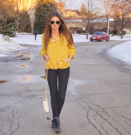 mustard yellow jacket, dolce vita boots