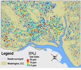 Dot map shows gas leaks found by the researcher's survey.