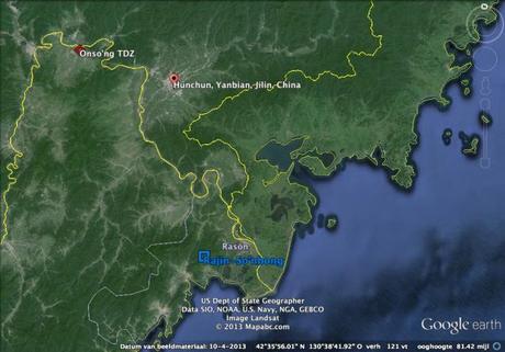 Overview of the northeast DPRK-China border showing the Raso'n and Onso'ng development zones in the DPRK and Hunchun in Jilin Province, China (Photo: Google image).