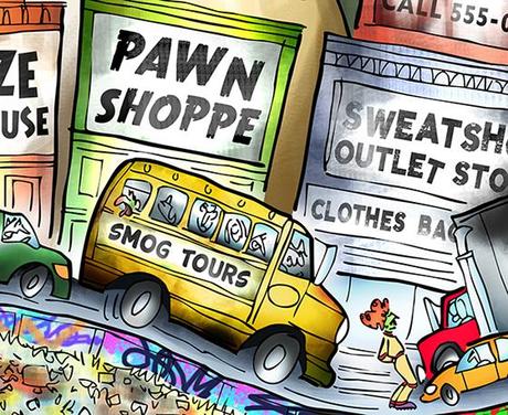 detail image Moe Gizmo roller-skating through traffic smog urban decay cityscape, past x-rated movie theater liquor warehouse pawn shop sweatshop dollar store Walmart Indian casino abandoned factory building