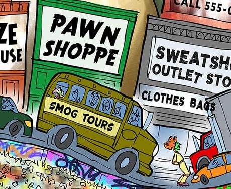 flat color detail Moe Gizmo roller-skating through traffic smog urban decay cityscape, past x-rated movie theater liquor warehouse pawn shop sweatshop dollar store Walmart Indian casino abandoned factory building