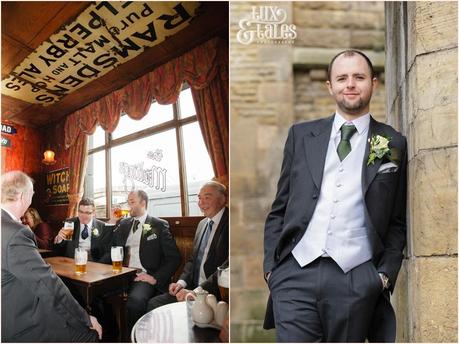 Groom has a pint at The Malting Pub in York Wedding