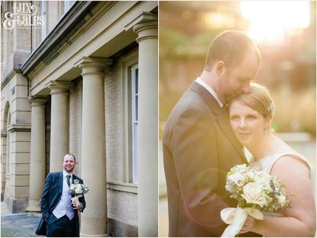 Bride and groom in golden hour light beautiful wedding pose groom holds bouquet