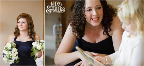 Bridesmaid talks to flower girl at york wedding Christmas time