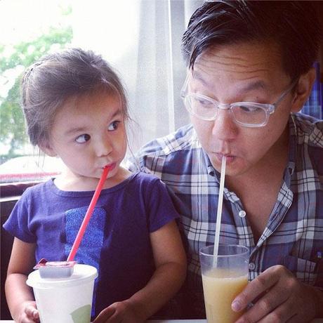 Dad & daughter doing a little beverage comedy.