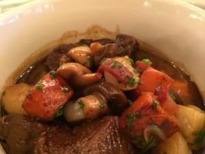 Beef Bourguignon served in individual Le Creuset White Pots 