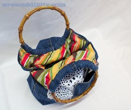 lined recycled blue jean hand bag