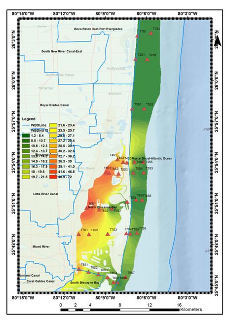 A map of Miami's Biscayne Bay and nearby coastal areas sampled.  The hotspots are clearly visible at the channel exits.