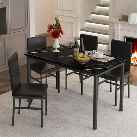 Image: Faux Marble Tabletop and 4 PU Leather Upholstered Chairs
