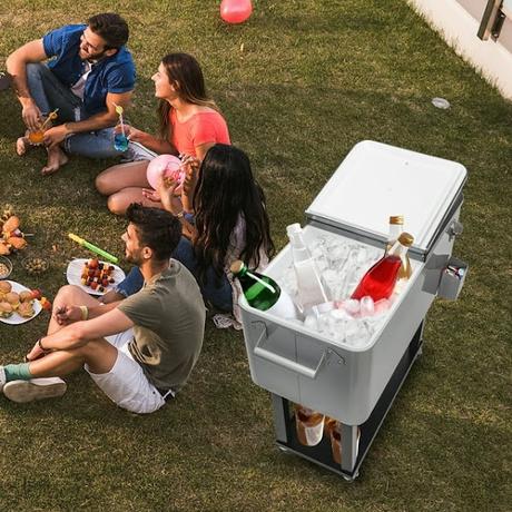 Image: 80 Quart Patio Cooler Rolling Cooler Ice Chest with Shelf, Wheels, and Bottle Opener