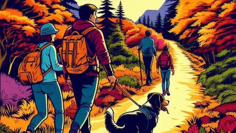 AI generated image of family hiking with dog