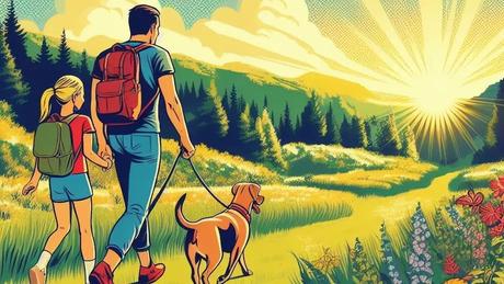 AI generated image of family hiking with dog