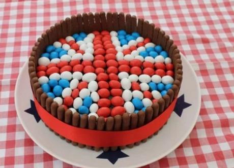 Chocolate Finger jubilee birthday cake with red, white and blue M&M's on top