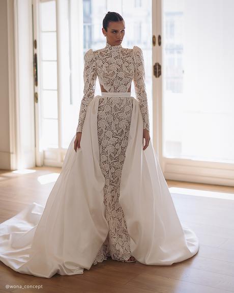 wona concept gemini collection wedding dresses sheath with long sleeves floral appliques with overskirt