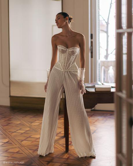 wona concept gemini collection wedding jumpsuits lace top strapless neckline