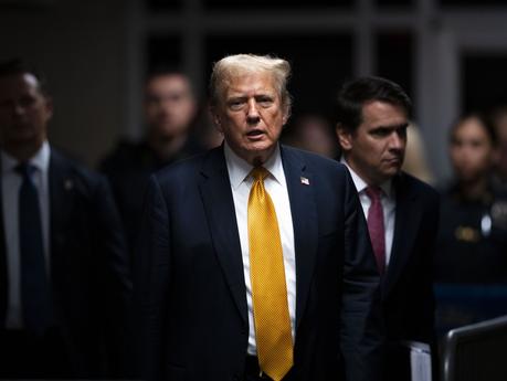 Former President Donald Trump walks out of the courtroom Wednesday to make remarks to the media during his criminal trial at Manhattan Criminal Court in New York City.