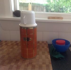 Retro vintage thrifted thermos orange gold plaid op shopped