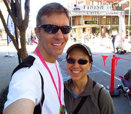 Mike Sohaskey & Katie Ho selfie at 2014 First Light Marathon finish line