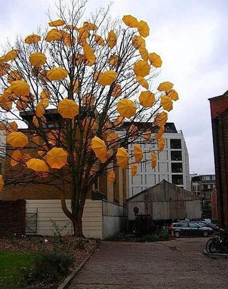 Tree covered in umbrellas 