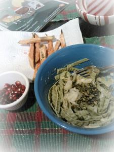 Tuesday dinner. Mung bean pasta (so high in protein, and grain free), mixed with cauliflower soup/sauce, more sauerkraut and raw spicy sunflower seeds, side of homemade sweet potato fries and pomegranate seeds. 