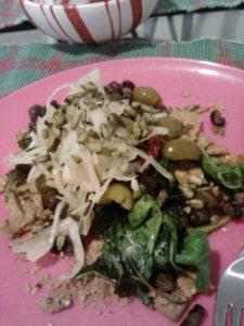 Some completely random nachos from sometime last week. I had some sprouted cranberry pumpkin tortilla chips I needed to use them up, so I paired them with beans, sauteed spinach, sauerkraut, olives and homemade cranberry sauce. 