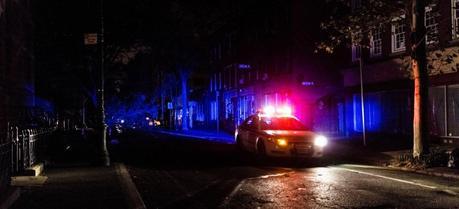 A street of lower Manhattan during a blackout.