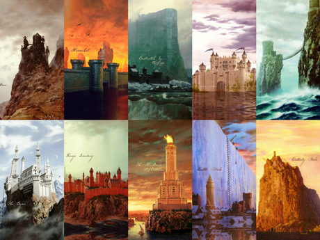 From left to right: Dragonstone, Harrenhal, Eastwatch by the sea, Riverrun, Pyke, The Eyrie, King's Landing, The Hightower at Oldtown, Castle Black, and Casterly Rock