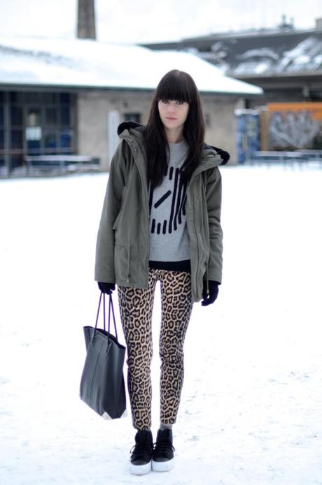 winter look outfit leopard print pants green hooded parka