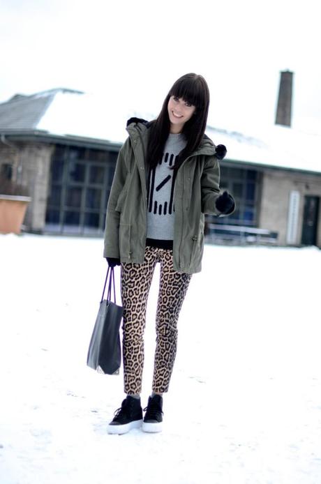 copenhagen fashion week street style leopard trousers parka winter look