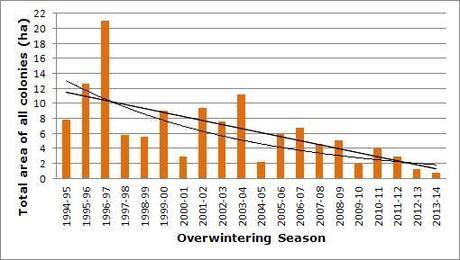 Total annual area occupied by overwintering butterflies from 1994 through 2013, with linear (upper line) and exponential (lower line) regression analyses.  The significant decline charted by Brower and colleagues (Brower et al. 2011[i], Fig. 1) through 2011-12 continues through 2013-14. 