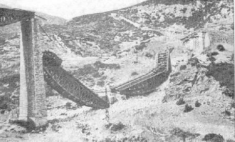 The Gorgopotamos Bridge destroyed after the 1942 attack by the Greek Resistance and 