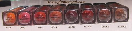 Maybelline lip polish swatches in Pop 1, Pop 5 , Pop 6, glam 7, glam 6, glam 12, glam 13, glam 14,