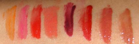 Maybelline lip Polish in Pop 1, Pop 5 , Pop 6, glam 7, glam 6, glam 12, glam 13, glam 14,