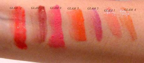 Maybelline lip polish swatches  in glam 12, glam 16, glam 9, glam 3, glam 5, glam 1, glam 4 