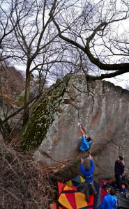 Working on the Shield's crux move. Thanks to David Mason for the photo.