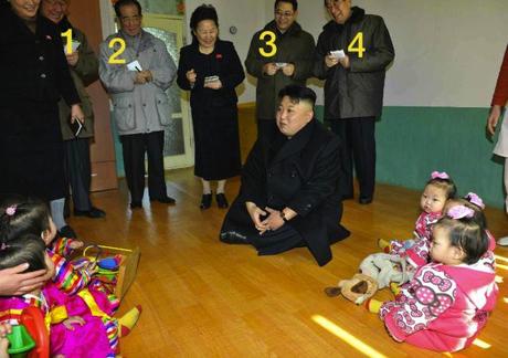 Kim Jong Un visits a Pyongyang orphanage.  Also in attendance are Hwang Pyong So (1), Ri Jae Il (2), Pak T'ae Song (3) and Kim P'yo'ng-hae (Photo: Rodong Sinmun).